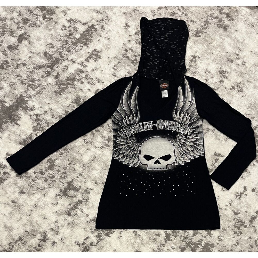 Harley Davidson Long Sleeve Hooded Top Rhinestone Embellished Winged Skull Sz S
